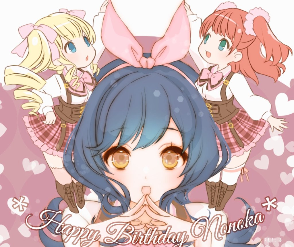 3girls :d :o aqua_eyes arm_up assault_lily blonde_hair blue_eyes blue_hair boots bow bow_hairband bowtie brown_footwear character_name collared_shirt commentary corset drill_hair frilled_skirt frills garter_straps hair_bow hair_ornament hair_scrunchie hairband hanaoka_angela_moe hands_up happy_birthday heart heart_background hotaru_(ultraroly_poly) knee_boots lace-up_boots long_hair long_sleeves looking_at_object looking_at_viewer looking_up ludvico_private_girls&#039;_academy_school_uniform mini_person minigirl miniskirt multiple_girls nagase_marta_nonoka narumi_clara_yuuko on_shoulder open_mouth orange_hair outstretched_arm outstretched_arms pink_background pink_bow pink_bowtie pink_hair pink_hairband pink_skirt pink_thighhighs school_uniform scrunchie shirt skirt smile sparkling_eyes standing steepled_fingers suspenders thighhighs twintails two-tone_background two_side_up underbust white_background white_shirt white_thighhighs yellow_eyes zettai_ryouiki