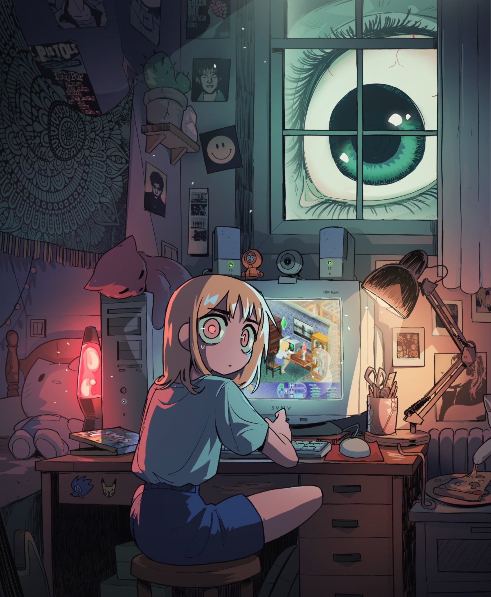 2girls aqua_eyes bed bedroom blonde_hair blue_shorts cactus carles_dalmau cat character_doll commentary computer computer_keyboard computer_mouse computer_tower crt cup curtains desk desk_lamp eyelashes food giant green_day hello_kitty hello_kitty_(character) highres indoors kenny_mccormick lamp lava_lamp looking_back looking_inside medium_hair monitor mousepad_(object) mug multiple_girls original pizza plate poster_(object) red_eyes sanrio scissors sex_pistols shirt shirt_tucked_in short_sleeves shorts sitting smiley_face solo_focus south_park speaker stool stuffed_toy sweatdrop symbol-only_commentary the_sims webcam window