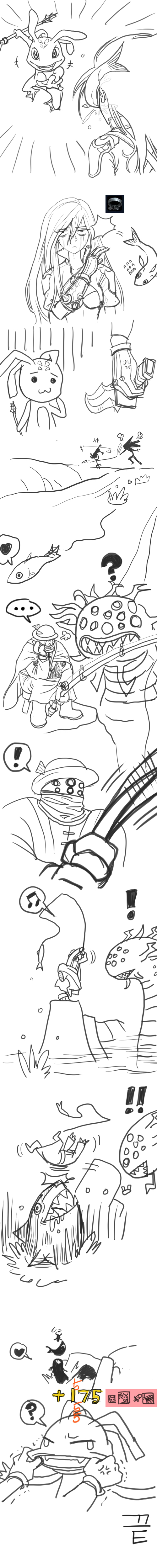 1boy absurdres baron_nashor comic fish fishing fishing_rod fizz_(league_of_legends) highres jax_(league_of_legends) katarina_(league_of_legends) knife league_of_legends sheep_(yangdor) silent_comic