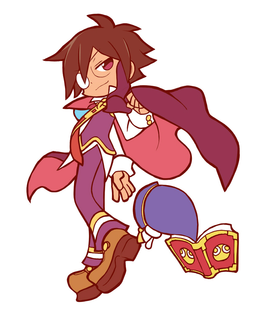 1boy :3 antenna_hair arm_at_side aturn book brown_footwear brown_hair cape cape_lift closed_mouth deformed from_side full_body hair_between_eyes half-closed_eyes hand_up klug_(puyopuyo) long_sleeves looking_back male_focus mystical_high_collar necktie official_style one_eye_covered open_book pants purple_pants purple_vest puyopuyo red_cape red_eyes red_necktie round_eyewear shirt short_hair simple_background solo strange_klug vest white_background white_shirt