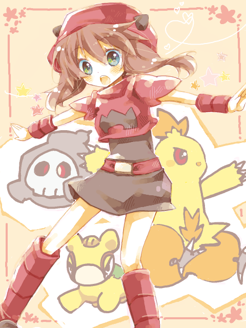 00s 1girl amamiya_kabosu belt blush brown_hair combusken dress duskull gen_3_pokemon may_(pokemon) nintendo numel pokemon pokemon_(creature) pokemon_rse team_magma team_magma_grunt tegaki