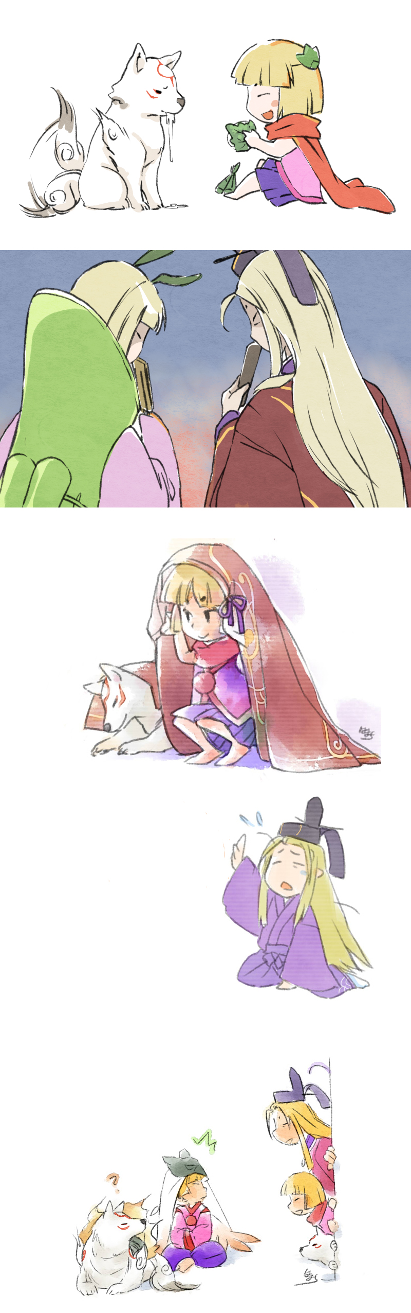 1girl 3boys absurdres amaterasu_(ookami) bamboo chibiterasu drooling flute hakama hakama_skirt hamachi_(kuchiba) highres instrument japanese_clothes kaguya kaguya_(ookami) kuro_(ookami) long_hair multiple_boys ookami_(game) ookamiden skirt smile sugawara_michizane ushiwakamaru_(ookami) wolf