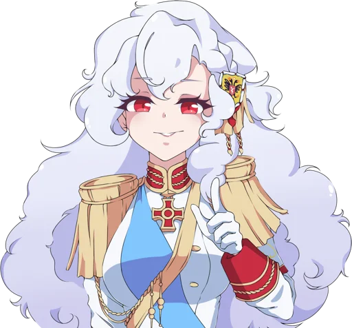 1girl aiguillette alpha_(alpha_1918) armband blue_sash buttons collar cross cross_pendant epaulettes facing_viewer findoworld fluffy fluffy_hair gloves gold_buttons gold_trim grin hair_ornament lips long_hair looking_at_viewer military military_uniform original pointing pointing_up red_eyes russian_empire sash smile smirk solo sputnik_and_pogrom sticker teeth transparent transparent_background very_long_hair white_gloves white_hair