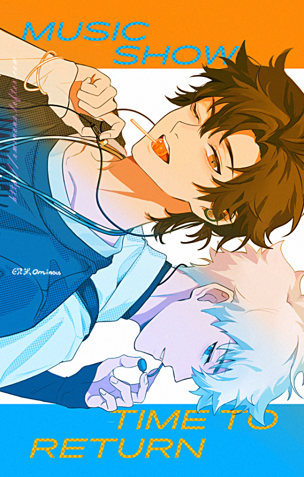 2boys alternate_costume artist_name black_hair black_shirt blue_background blue_eyes bracelet brown_eyes brown_hair candy cheng_xiaoshi earbuds earphones english_text food from_side hair_between_eyes hand_up holding holding_earphones jacket jewelry layered_sleeves lollipop lollipop_in_mouth long_sleeves looking_at_viewer lu_guang male_focus multiple_boys necklace ominous one_eye_closed open_mouth orange_eyes parted_lips profile shiguang_dailiren shirt short_hair short_over_long_sleeves short_sleeves sideways sideways_glance simple_background smile teeth tongue tongue_out two-tone_background upper_body white_background white_hair white_shirt