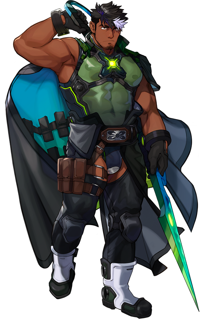 bara belt biceps black_gloves black_hair bodysuit bracelet bulge cape covered_abs dark-skinned_male dark_skin full_body gloves holding holding_sword holding_weapon jewelry knee_pads large_pectorals lilac_(live_a_hero) live_a_hero multicolored_hair nipples official_art pectorals purple_hair scar scar_across_eyebrow scar_on_face see-through_clothes sleeveless sleeveless_bodysuit sword tarutoru transparent_background two-tone_hair weapon
