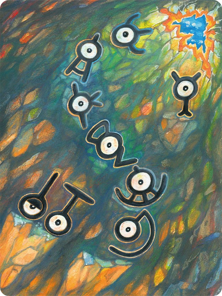 artist_request cave_interior floating full_body gen_2_pokemon half-closed_eye night night_sky nintendo no_humans official_art one-eyed pokemon pokemon_(creature) pokemon_focus pokemon_home sky third-party_source unown unown_! unown_a unown_d unown_e unown_g unown_k unown_t unown_u unown_w unown_y