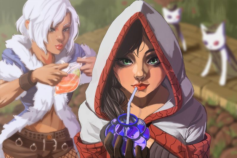 2girls alternate_color bags_under_eyes black_gloves black_hair blue_coat blue_eyes blurry blurry_background blush carrot carrot_juice cat closed_mouth coat commentary drinking_straw drinking_straw_in_mouth english_commentary fur-trimmed_coat fur_trim gloves grape_juice hood hood_up juice leaf_cat lillkun lips long_hair looking_at_viewer monk_(ragnarok_online) multiple_girls navel ragnarok_online rogue_(ragnarok_online) short_hair short_sleeves upper_body white_cat white_coat white_hair