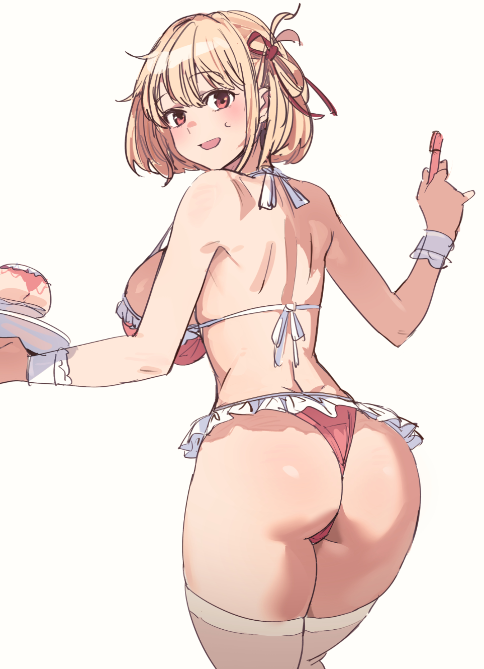 1girl :d ass back bikini blonde_hair bow_(bhp) breasts from_behind hair_ribbon highres holding holding_pen holding_tray large_breasts looking_back lycoris_recoil nishikigi_chisato open_mouth pen pink_bikini red_eyes red_ribbon ribbon short_hair simple_background smile solo strap_gap swimsuit thighhighs tray white_background white_thighhighs