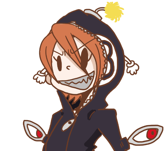 1girl cosplay cyborg extra_eyes eye_socket female_focus full-length_zipper grin hood hoodie lenny_the_bomb nyoro_mutou orange_hair peacock_(skullgirls) red_eyes sharp_teeth short_hair skullgirls smile solo teeth zipper