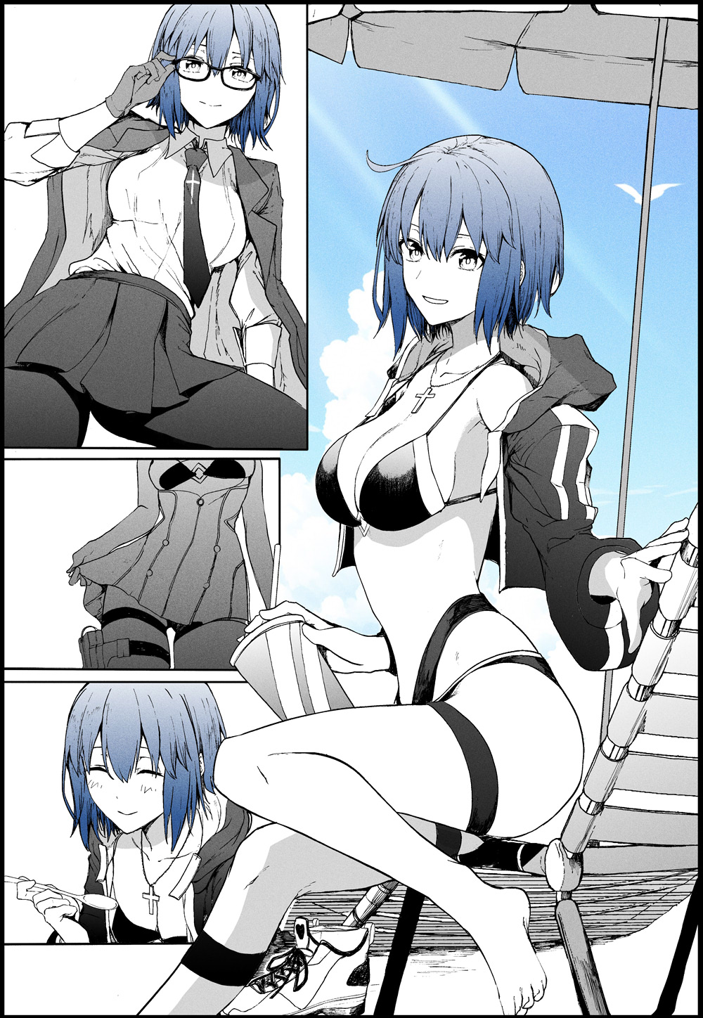 ahoge arm_up beach beach_umbrella bikini blue_hair blush breasts ciel_(tsukihime) collarbone collared_shirt cross feet glasses gloves highres jewelry light_blush looking_at_viewer medium_breasts multiple_views narrow_waist necktie open_mouth pantyhose partially_colored pendant pleated_skirt shirt short_hair skirt smile swimsuit syatey thigh_gap tsukihime type-moon umbrella upper_body