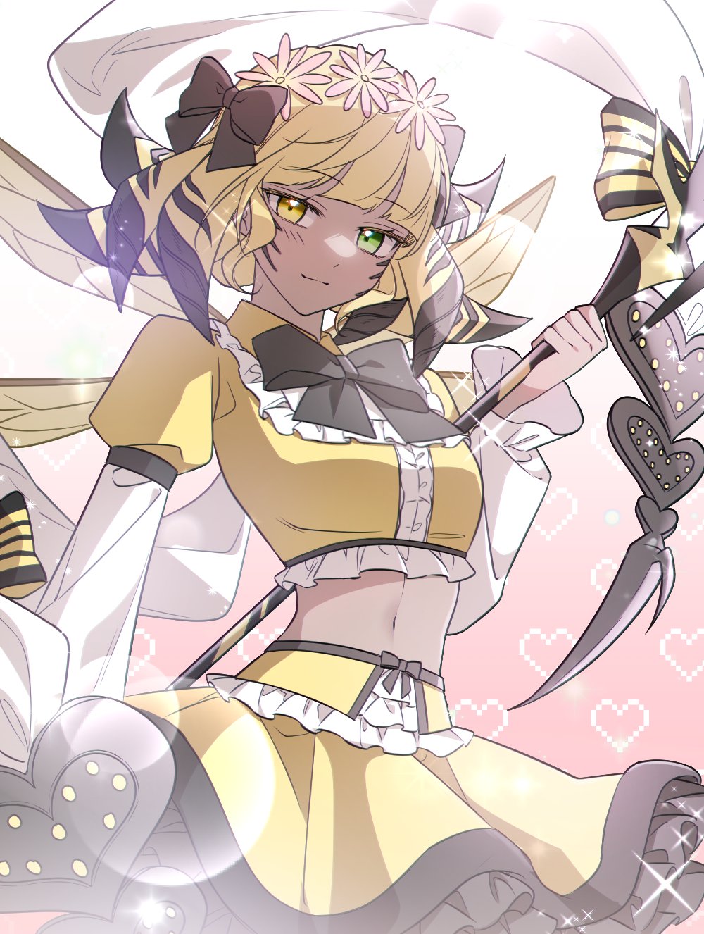 1girl arthropod_girl bee_girl bee_wings black_bow black_bowtie blonde_hair bow bowtie center_frills collared_shirt cowboy_shot crop_top dreaminglum facial_mark final_fantasy final_fantasy_xiv flower frills from_side green_eyes hair_bow hair_flower hair_ornament heart heterochromia highres holding honey_b._lovely hyur insect_girl insect_wings looking_at_viewer multicolored_hair navel shirt short_hair skirt smile solo sparkle striped_bow two-tone_hair wings yellow_eyes yellow_shirt yellow_skirt yellow_wings