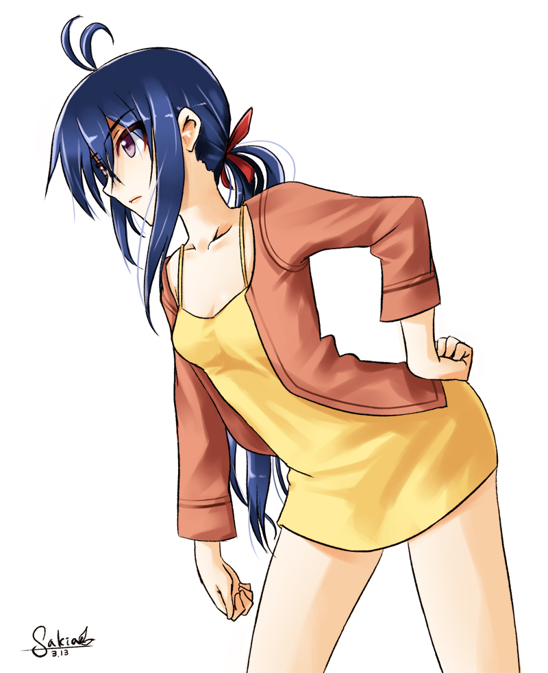 1girl bent_over blue_hair breasts cleavage dress female_focus hair_ribbon hand_on_own_hip long_hair original purple_eyes red_ribbon ribbon signature silent_sakia simple_background solo white_background yellow_dress