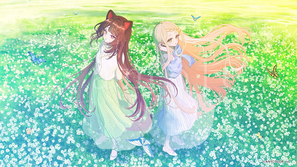 2girls animal_ears blonde_hair blue_butterfly blue_shirt braid brown_hair bug butterfly closed_mouth commentary dog_ears dog_tail field floating_hair flower flower_field from_above green_skirt heterochromia insect inui_toko ivelovedsekaowa long_hair long_skirt looking_at_viewer machita_chima multiple_girls nijisanji outdoors red_eyes shirt shoes single_braid skirt tail white_flower white_shirt white_shoes white_skirt yellow_butterfly yellow_eyes