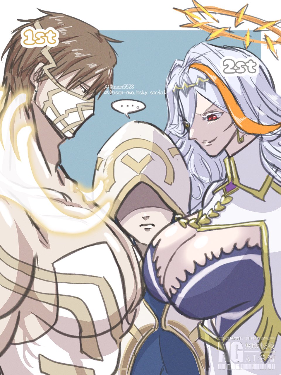... 1boy 1girl 1other asan5528 baldr_(fire_emblem_heroes) bluesky_username breasts brown_hair cleavage commentary_request eikthyrnir_(fire_emblem) fire_emblem fire_emblem_heroes halo heterochromia highres hood hood_up huge_pectorals kiran_(fire_emblem) large_breasts long_hair mask mouth_mask multicolored_hair muscular muscular_male nintendo orange_hair pectorals red_eyes short_hair streaked_hair twitter_username two-tone_hair watermark white_hair yellow_eyes