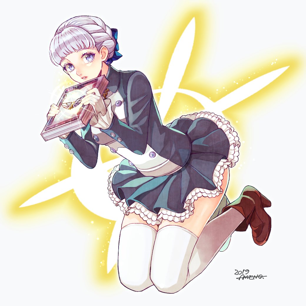 1girl alice_elliot amenoimo blue_eyes book boots bow braid breasts brown_boots buttons dated dress full_body hair_bow high_heel_boots high_heels jewelry looking_at_viewer shadow_hearts short_hair skirt solo thighhighs white_hair white_thighhighs