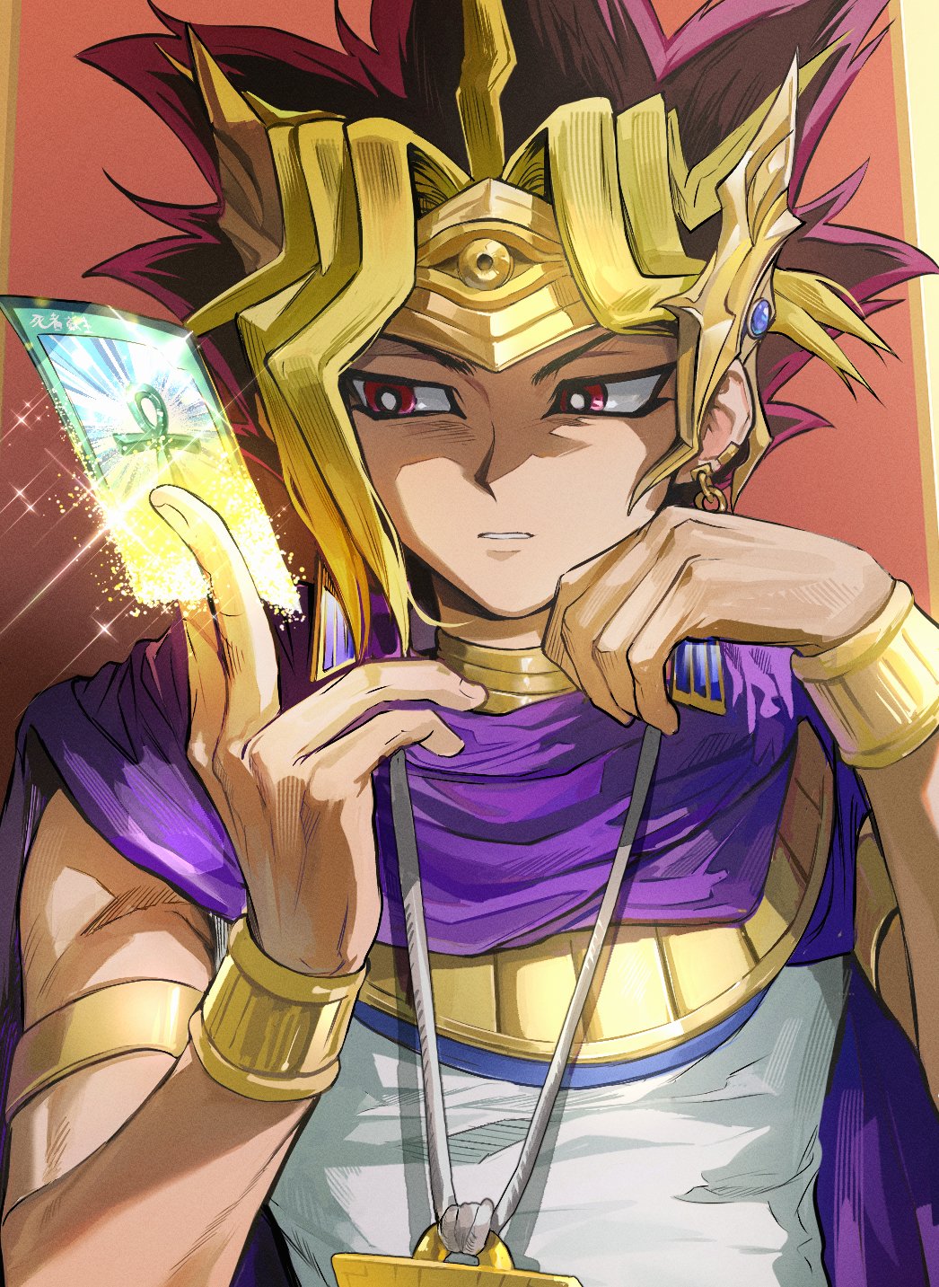 1boy atem black_hair blonde_hair cape dark-skinned_male dark_skin earrings highres jewelry male_focus millennium_puzzle monster_reborn multicolored_hair purple_cape purple_eyes purple_hair shirt solo spiked_hair upper_body white_shirt ygogy55 yu-gi-oh! yu-gi-oh!_duel_monsters
