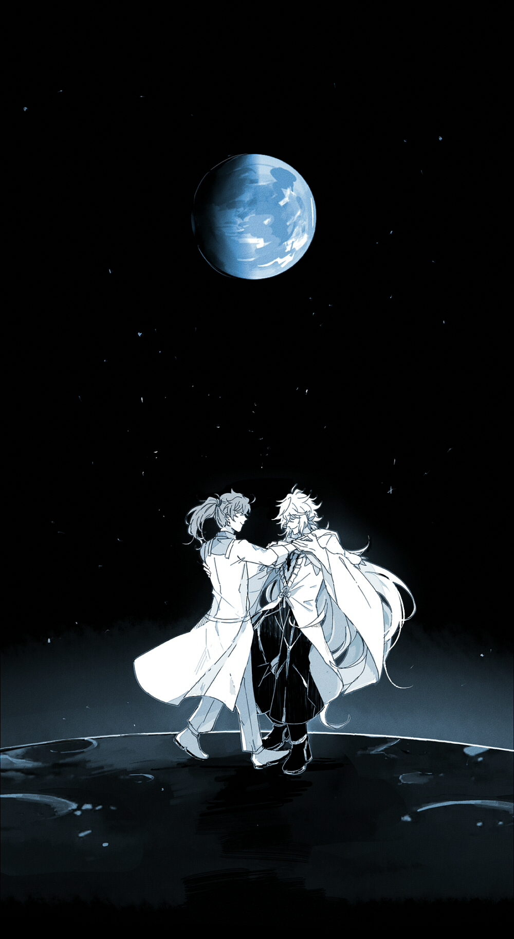 2boys blue_theme closed_eyes closed_mouth coat dancing earrings earth_(planet) facing_another fate/grand_order fate_(series) flower_earrings frilled_shirt frills full_body hand_on_another&#039;s_shoulder highres holding_hands hood hood_down hooded_robe jewelry long_hair long_sleeves male_focus merlin_(fate) multiple_boys pants planet ponytail robe romani_archaman ruoyin shirt shoes sky smile star_(sky) starry_sky very_long_hair wide_sleeves