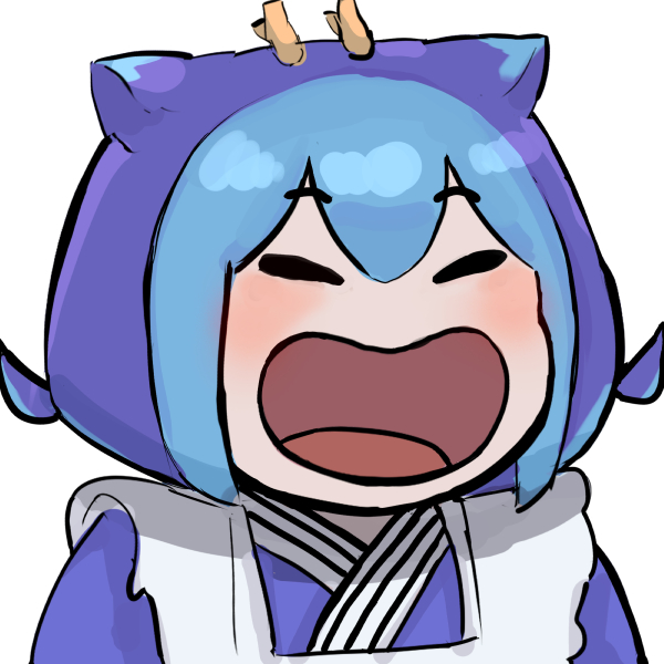1girl ai-generated_art_(topic) apron ash_baby_(meme) blue_hair closed_eyes dragon_girl dragon_horns duel_monster hatano_kiyoshi horns laundry_dragonmaid maid meme solo upper_body wa_maid white_background wide_mouth yu-gi-oh!