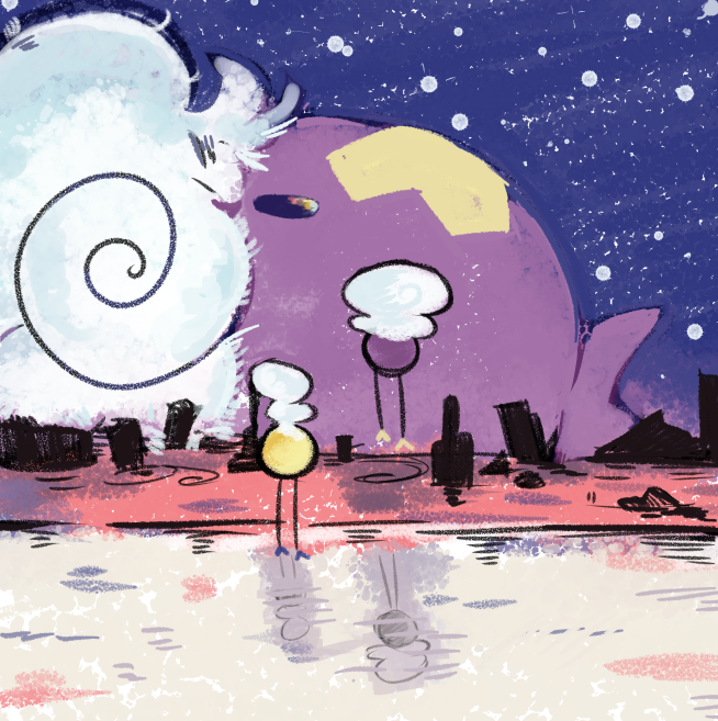 alternate_color beach black_eyes commentary drifloon facing_away floating game_freak gen_4_pokemon neon_genesis_evangelion night nintendo no_humans parody pokemon pokemon_(creature) reflection rumtum_drifloon scene_reference shiny_and_normal shiny_pokemon sky star_(symbol) symbol-only_commentary the_end_of_evangelion