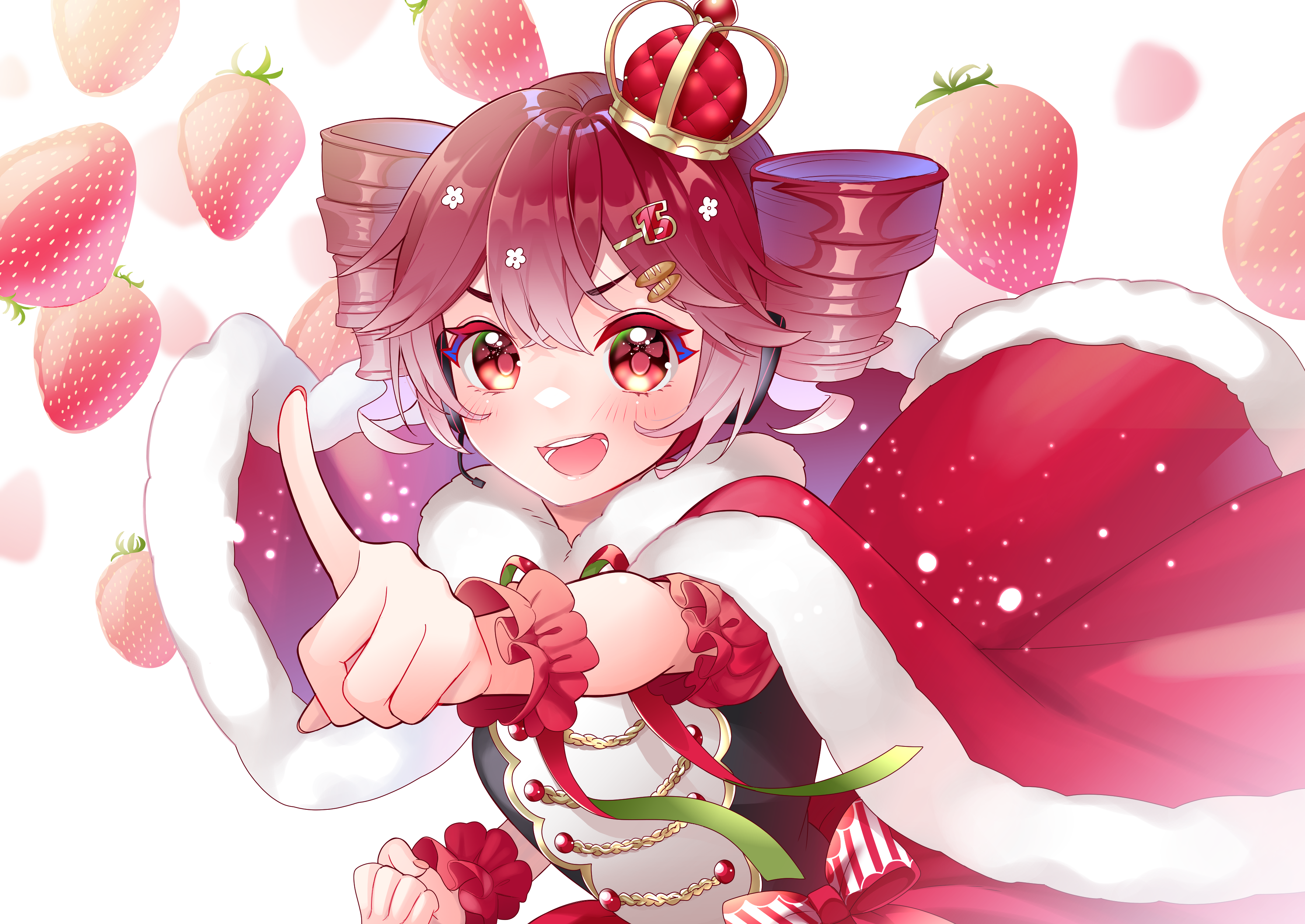 1girl absurdres aiguillette blush bow bread_hair_ornament cape clenched_hand commentary crown dress drill_hair food food-themed_hair_ornament fruit fur-trimmed_cape fur_trim hair_ornament hairclip headphones headset highres kasane_teto masumofu mini_crown open_mouth pointing pointing_at_viewer red_eyes red_hair short_sleeves smile solo strawberry striped_bow symbol-only_commentary twin_drills utau v-shaped_eyebrows wrist_cuffs