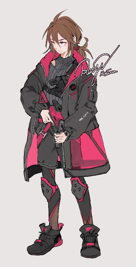 1boy alternate_costume alternate_eye_color alternate_footwear black_coat black_shoes black_shorts black_sweater blue_eyes brown_hair character_name coat full_body grey_background gun hair_between_eyes holding holding_gun holding_weapon isoi_reiji male_focus meniusa_lau open_clothes open_coat ponytail ribbed_sweater saibou_shinkyoku sanpaku shoes shorts simple_background solo sweater turtleneck turtleneck_sweater weapon