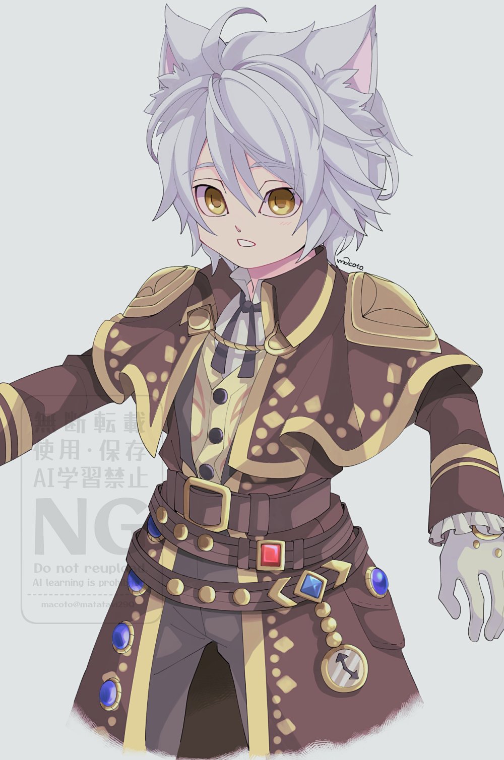 1boy 29qmatatavi animal_ears belt black_necktie blue_gemstone brown_belt brown_capelet brown_jacket capelet commentary cowboy_shot dragon_quest dragon_quest_x gem gloves gold_trim grey_background grey_pants highres jacket looking_at_viewer male_focus necktie official_alternate_costume pants parted_lips pocket_watch raki_(dq10) red_gemstone shirt short_hair solo symbol-only_commentary vest watch white_gloves white_hair white_shirt wolf_boy wolf_ears yellow_eyes yellow_vest