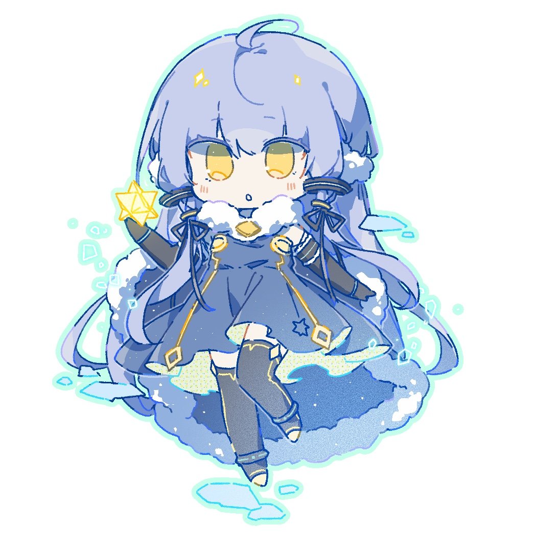 1girl :o ahoge black_dress black_footwear black_thighhighs blush commentary deformed dress floating full_body fur_trim holding long_hair looking_at_object no_pupils purple_hair simple_background solo stellated_octahedron sunahako symbol-only_commentary synthesizer_v thighhighs vocaloid white_background xingchen yellow_eyes