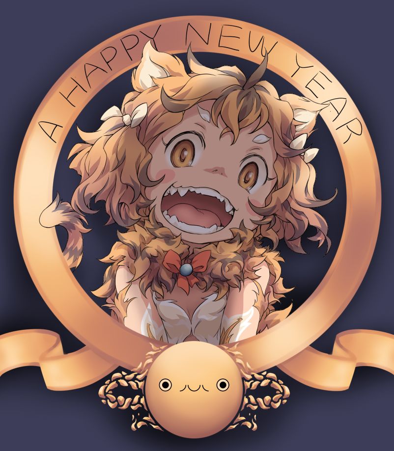 1girl black_hair blush_stickers bow brown_eyes brown_hair chinese_zodiac fangs female_focus hair_bow ham_(points) happy_new_year looking_at_viewer medium_hair messy_hair metro-goldwyn-mayer multicolored_hair new_year open_mouth original parody roaring sharp_teeth short_eyebrows solo tail teeth tiger_girl tiger_tail white_bow year_of_the_tiger