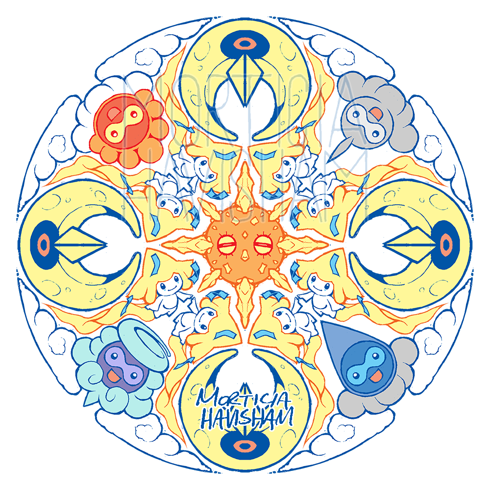 :d castform castform_(normal) castform_(rainy) castform_(snowy) castform_(sunny) closed_mouth cloud commentary creature english_commentary gen_3_pokemon jirachi legendary_pokemon looking_at_viewer lunatone mandala morticia_havisham mythical_pokemon nintendo no_humans open_mouth patterned pokemon pokemon_(creature) signature smile solrock transparent_background