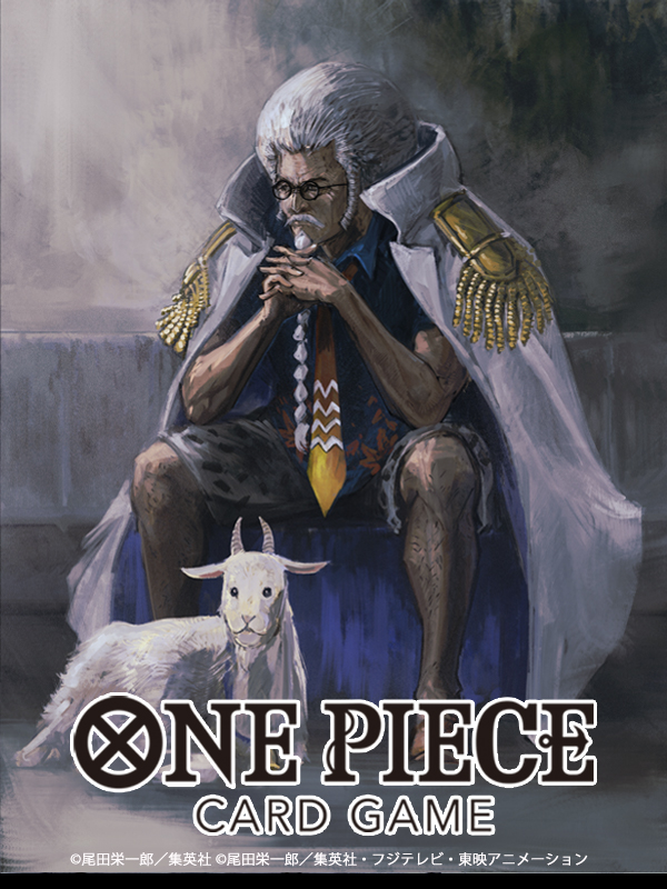 1boy animal coat collared_shirt commentary_request copyright_name epaulettes glasses goat hayaken_sarena high_collar interlocked_fingers leg_hair necktie official_art one_piece one_piece_card_game round_eyewear sengoku&#039;s_goat sengoku_(one_piece) shirt shorts sitting white_beard white_coat white_hair yellow_necktie
