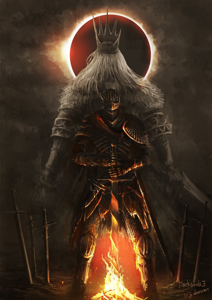 armor artist_name ashes back-to-back black_armor bonfire_(dark_souls) burning coiled_sword commentary crown dark_souls_(series) dark_souls_iii eclipse field_of_blades full_armor fur_trim greatsword gwyn_lord_of_sunlight helm helmet highres holding holding_sword holding_weapon knight long_hair mixed-language_commentary pauldrons plate_armor shoulder_armor signature single_pauldron solar_eclipse soul_of_cinder sword tripdancer watermark weapon white_hair