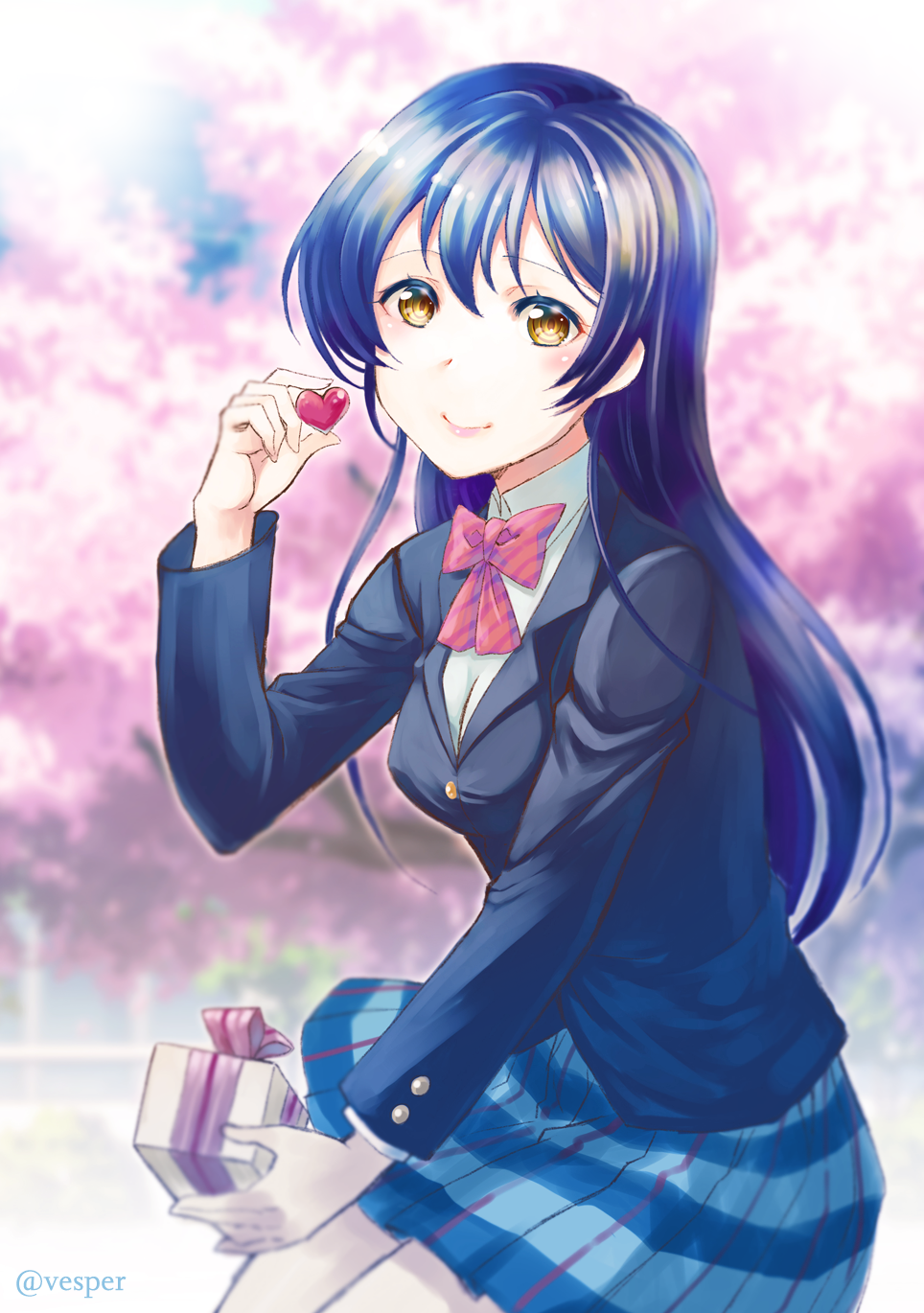 blue_hair blush brown_eyes highres long_hair love_live! love_live!_school_idol_project sakura school_uniform smile sonoda_umi
