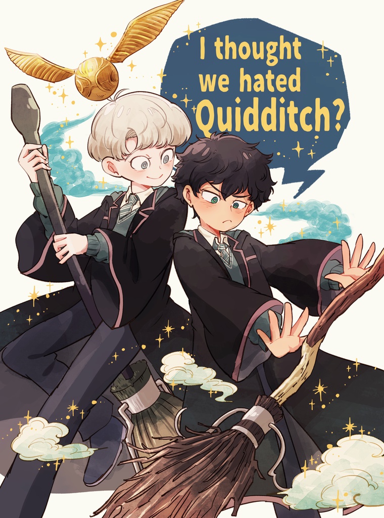 2boys albus_severus_potter amazou black_hair black_robe blonde_hair blue_eyes broom broom_riding golden_snitch green_eyes harry_potter_(series) harry_potter_and_the_cursed_child hogwarts_school_uniform holding holding_broom multiple_boys necktie robe school_uniform scorpius_malfoy short_hair slytherin smile striped_neckwear wizarding_world