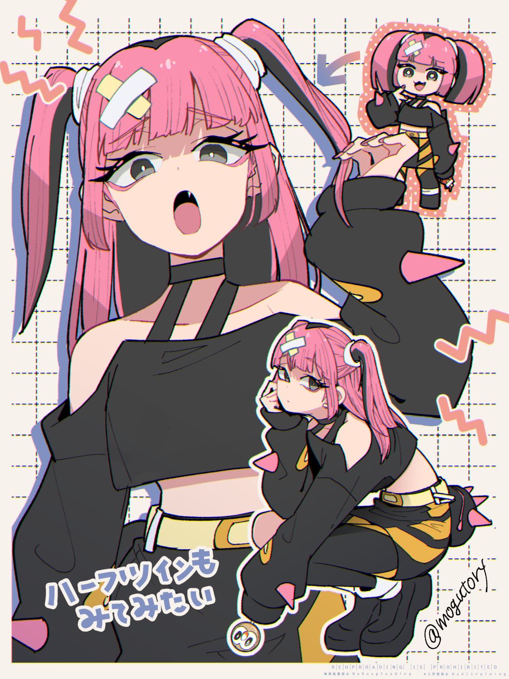 1girl arrow_(symbol) bandaid bandaid_hair_ornament belt black_choker black_hair black_shirt black_shoes black_skirt bright_pupils character-themed_food chibi chibi_inset choker closed_mouth colored_inner_hair commentary_request coral_(pokemon) crop_top crossed_bandaids drop_shadow eyeliner fang fingernails gen_7_pokemon grey_eyes hair_ornament hand_up highres loafers long_fingernails long_hair long_sleeves looking_at_viewer makeup midriff mogutory multicolored_hair multiple_views nail_polish nintendo off-shoulder_shirt off_shoulder open_mouth pink_eyeliner pink_hair pink_nails pokemon pokemon_(anime) pokemon_horizons puffy_long_sleeves puffy_sleeves rowlet shirt shoes signature skirt sleeves_past_fingers sleeves_past_wrists spikes squatting tongue translation_request twintails twitter_username two-tone_hair v white_pupils yellow_belt