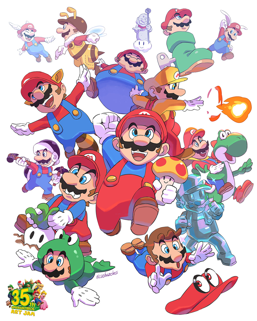 6+boys animal_ears bee_mario blue_eyes brown_hair cape_mario cappy_(mario) facial_hair fire fire_mario flying food frog_mario gloves grin hammer hammer_mario hat helmet highres jump kuribo&#039;s_shoe mario mario_(series) metal_mario multiple_boys mustache nintendo open_mouth rabbit_ears rabbit_mario raccoon_mario raccoon_tail smile statue super_mario_64 super_mario_bros._1 super_mario_bros._2 super_mario_bros._3 super_mario_galaxy super_mario_land_2 super_mario_odyssey super_mario_world super_mushroom tail tanooki_mario tanuki vegetable wing_cap wing_mario wings yoshi