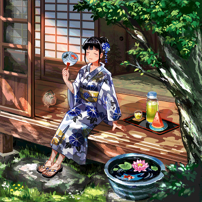 1girl animated animated_gif arm_support benihaa black_hair closed_eyes closed_mouth fanning_self floral_print floral_print_kimono flower food fruit hair_bun hair_flower hair_ornament iced_tea japanese_clothes koi looping_animation lotus original print_kimono sandals short_hair sitting solo summer tree watermelon watermelon_slice