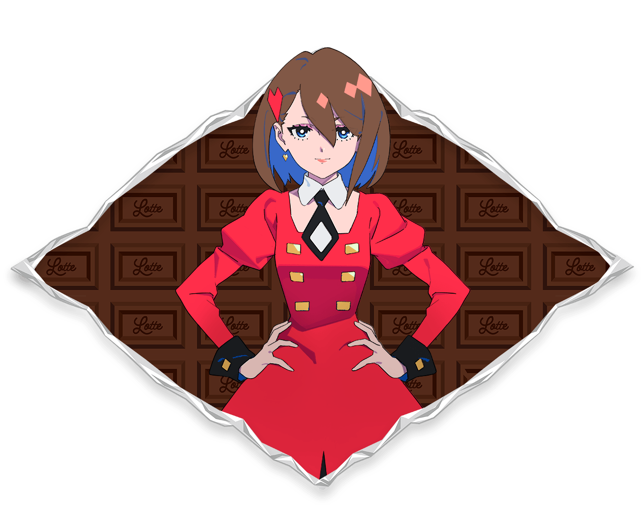 1girl ado_(utaite) alpha_transparency black_necktie blue_eyes blue_hair brown_hair cacao_(chocolat_cadabra) chocolat_cadabra_(ado) closed_mouth cloud_nine_inc collared_dress colored_inner_hair dress earrings hair_between_eyes hair_ornament hands_on_own_hips heart heart_earrings heart_hair_ornament jewelry juliet_sleeves long_sleeves looking_at_viewer lotte_(company) multicolored_hair necktie official_art puffy_sleeves red_dress short_necktie solo two-tone_hair