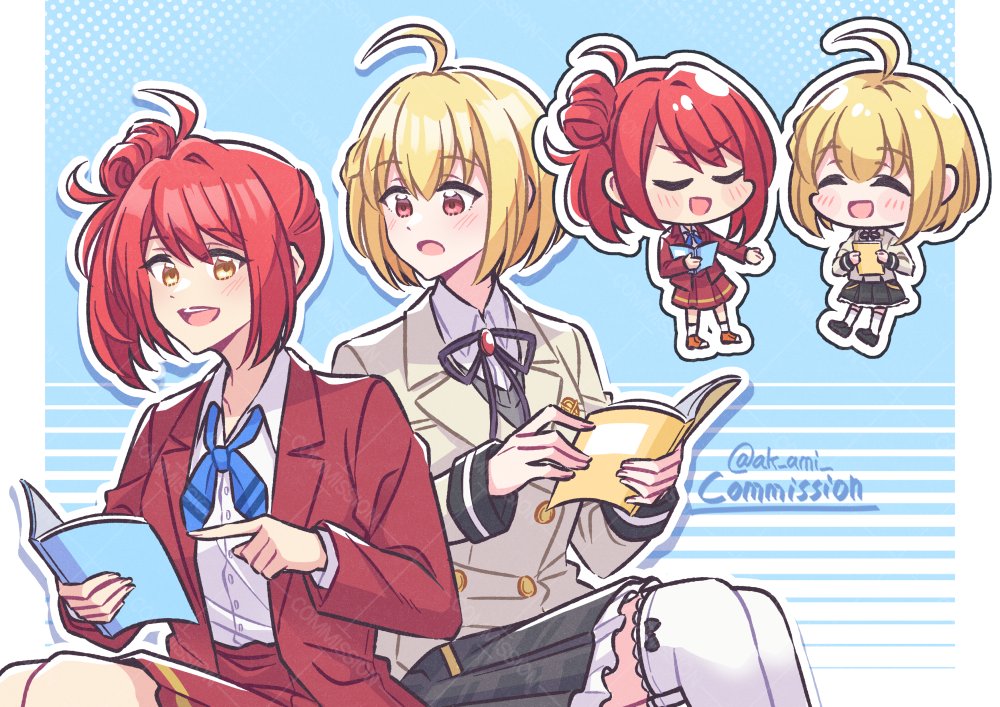 2girls :d ^_^ ahoge akamirai black_bow black_ribbon black_shoes black_skirt black_sweater_vest blonde_hair blue_background blue_neckerchief blush book bow braid brown_jacket buttons chibi closed_eyes collared_shirt commentary commission double-breasted english_commentary feet_out_of_frame frilled_skirt frilled_thighhighs frills hair_bun half_up_braid halftone halftone_background hands_up holding holding_book jacket kano_misora loafers looking_at_object looking_to_the_side miniskirt multiple_girls multiple_views neck_ribbon neckerchief one_side_up open_book open_clothes open_jacket open_mouth orange_shirt otori_michiru outline outside_border pillarboxed pink_eyes pointing pointing_at_viewer red_hair red_jacket red_skirt ribbon school_uniform shirt shirt_tucked_in shoes short_hair shoujo_kageki_revue_starlight shoujo_kageki_revue_starlight_-re_live- side-by-side single_braid single_side_bun sitting skirt smile standing striped_background sweater_vest teeth thigh_bow thighhighs twitter_username upper_teeth_only v-shaped_eyebrows vgen_commission watermark white_outline white_shirt white_thighhighs yellow_eyes