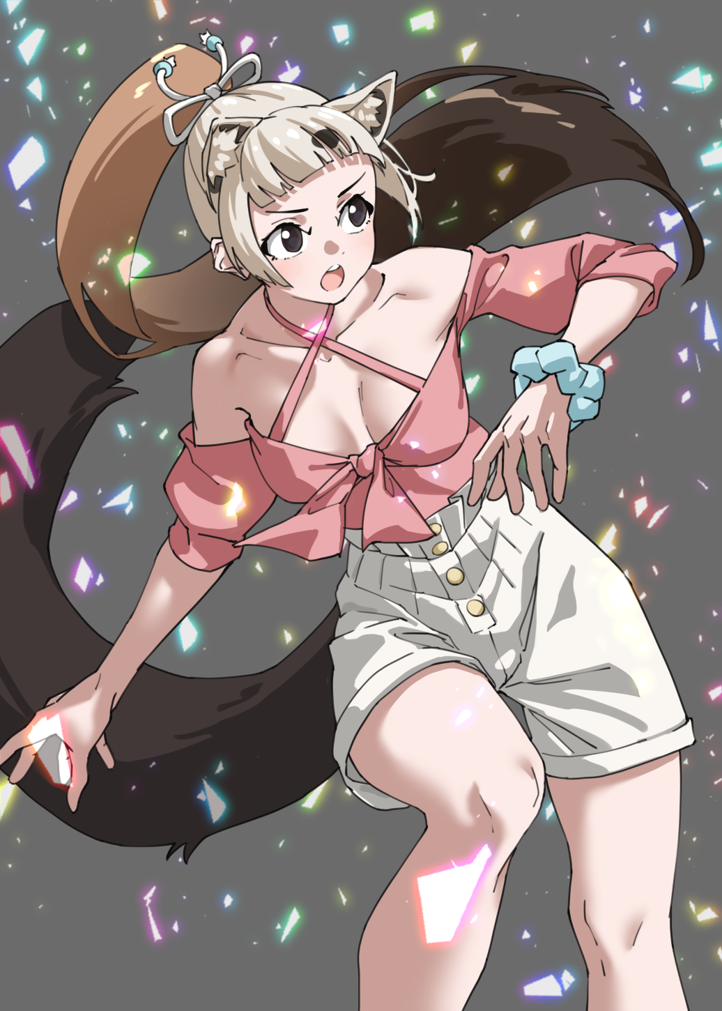 1girl :o animal_ear_fluff animal_ears bare_legs bare_shoulders black_eyes black_hair blunt_bangs breasts brown_hair collarbone commentary criss-cross_halter extra_ears halterneck highres kemono_friends medium_breasts multicolored_hair off-shoulder_shirt off_shoulder open_mouth pink_shirt ponytail sable_(kemono_friends) scrunchie shirt shorts solo tail tanabe_(fueisei) white_hair white_shorts wrist_scrunchie
