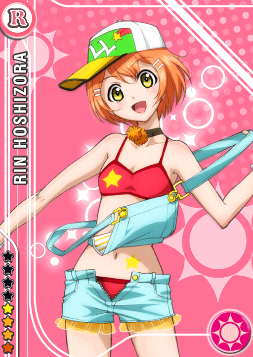 1girl :d anime_coloring aqua_nails aqua_shorts bare_shoulders baseball_cap bikini black_choker blue_background blush breasts card_(medium) character_name choker double_strap_slip frilled_shorts frills hair_ornament hairclip hand_up hat hoshizora_rin looking_at_viewer love_live! love_live!_school_idol_festival love_live!_school_idol_project navel official_art open_mouth orange_hair red_bikini short_hair shorts small_breasts smile solo standing star_(symbol) star_tattoo stomach_tattoo swimsuit tattoo wristband yellow_eyes