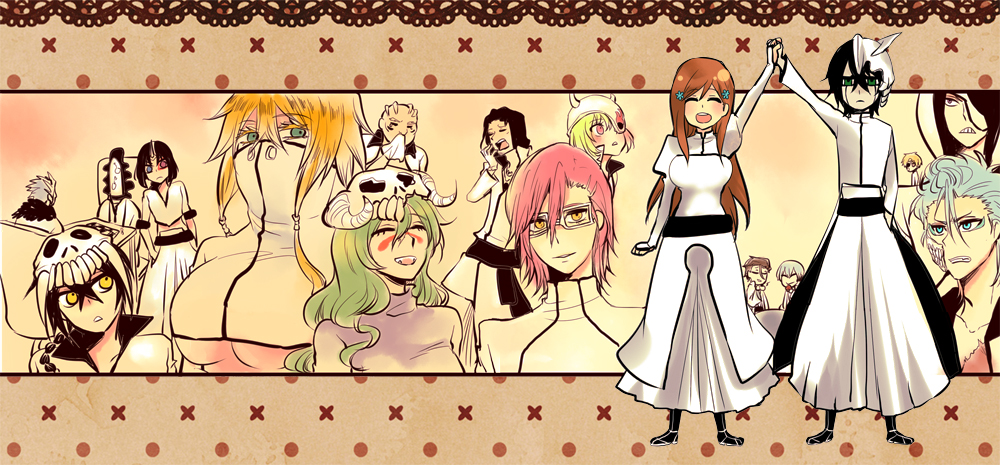 aaroniero_arruruerie aizen_sousuke apu arrancar baraggan_louisenbairn bleach blonde_hair breasts coyote_starrk dress emilou_apacci ggio_vega green_hair grimmjow_jaegerjaquez heterochromia ichimaru_gin inoue_orihime large_breasts lilynette_gingerbuck long_hair nelliel_tu_odelschwanck nnoitra_gilga orange_hair revealing_clothes szayelaporro_granz tesra_lindocruz tier_harribel ulquiorra_cifer underboob yammy_llargo