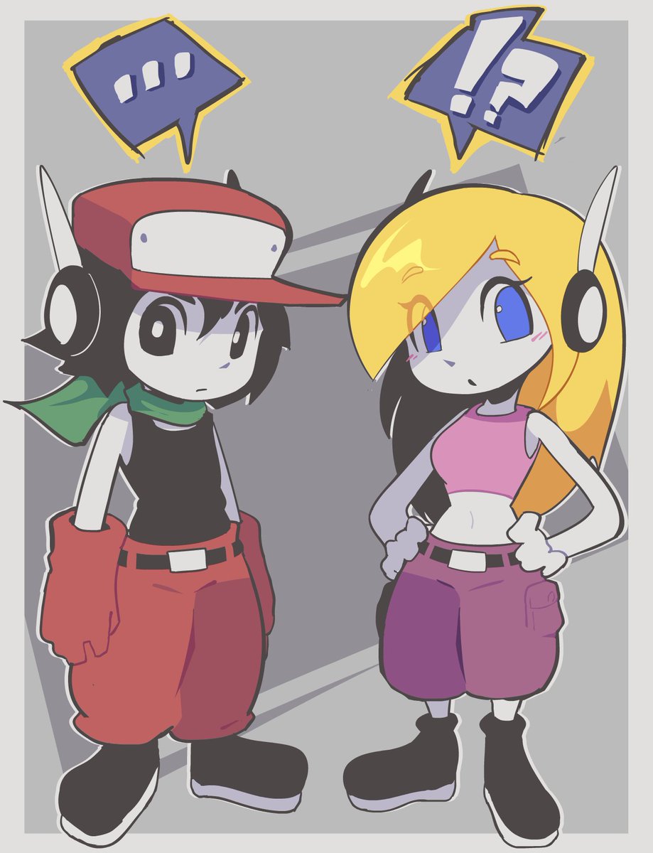 1boy 1girl android belt black_eyes black_hair blonde_hair blue_eyes cargo_pants colored_skin curly_brace doukutsu_monogatari gloves green_scarf grey_skin hands_on_own_hips hat headset highres midriff pants pink_tank_top purple_pants quote_(doukutsu_monogatari) red_gloves red_hat red_pants robot scarf speech_bubble symbol tank_top the_shammah