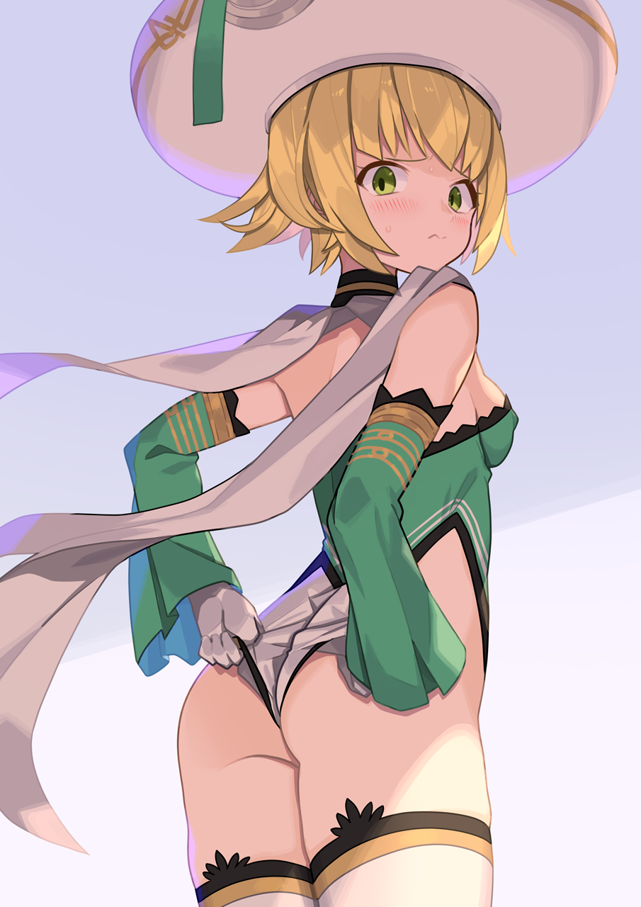 .hack// .hack//g.u. 1girl :&lt; adapted_costume adjusting_clothes adjusting_leotard ass atoli_(.hack//) blonde_hair blush breasts commission covered_erect_nipples detached_sleeves frilled_sleeves frills gloves green_eyes hat highleg highleg_leotard highres leotard looking_at_viewer looking_back short_hair sideboob skeb_commission solo spring2013 sweatdrop thighhighs wedgie white_gloves