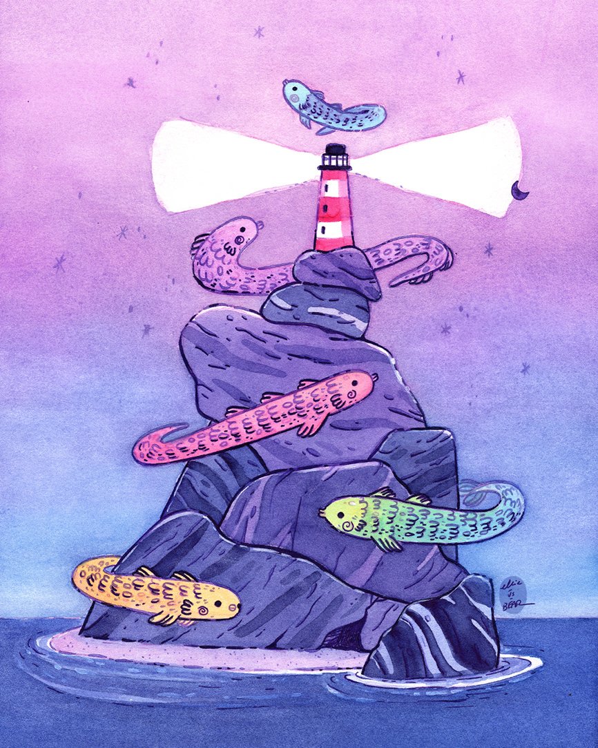 artist_name commentary crescent ellievsbear english_commentary fish flying flying_fish island lighthouse no_humans original outdoors rock scenery signature sky solid_circle_eyes solid_eyes water