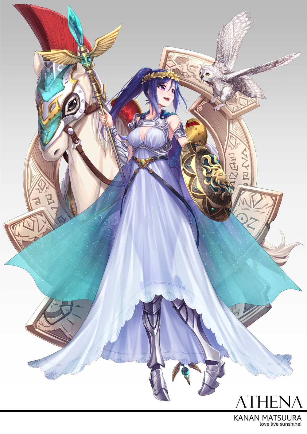 10s 1girl armor armored_boots athena bird blue_hair boots curry_bowl female_focus greek_mythology highres horse long_hair love_live! love_live!_sunshine!! matsuura_kanan owl ponytail purple_eyes shield solo staff