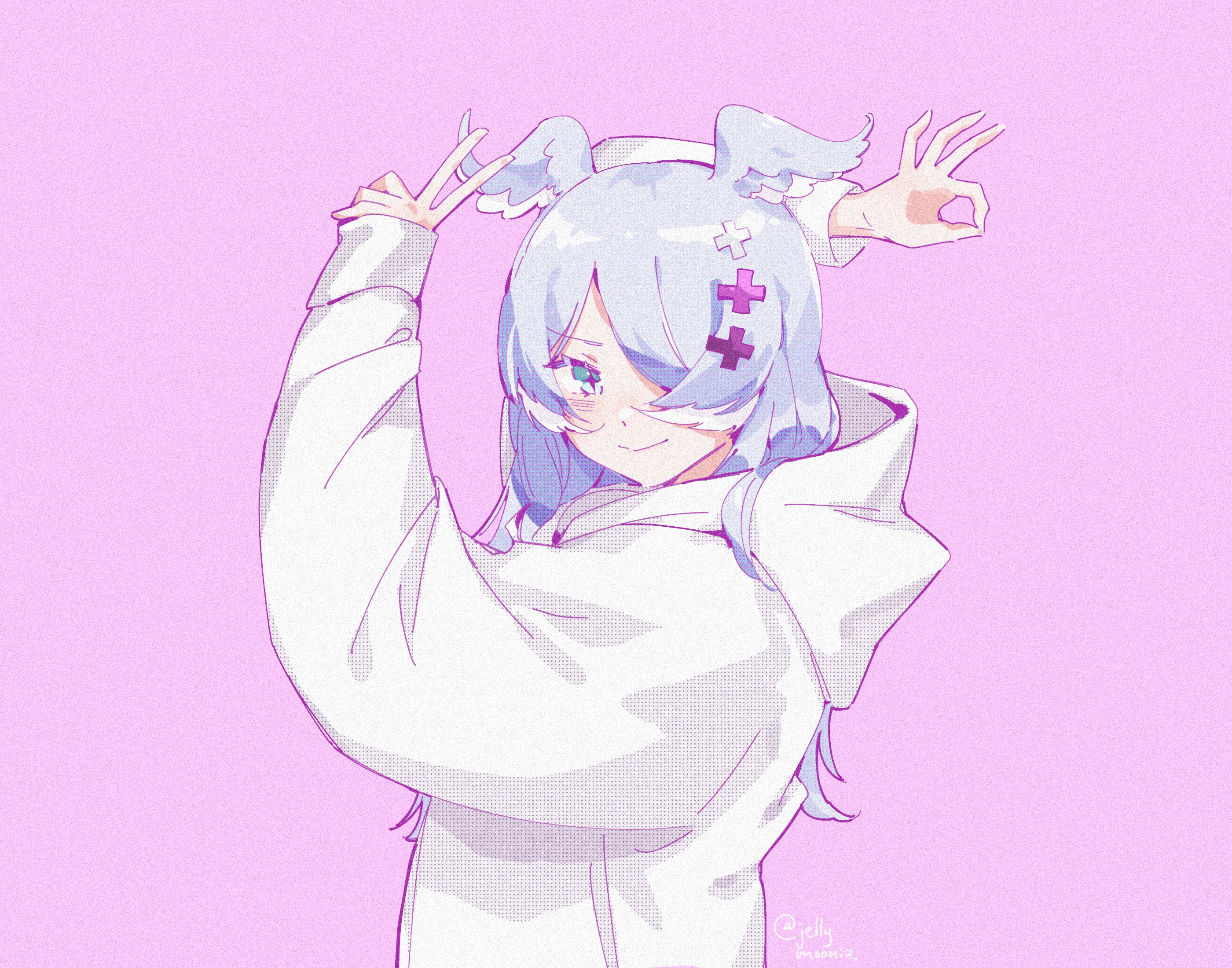 +_+ 1girl blue_hair blush dragon_girl elira_pendora hair_over_one_eye head_wings highres hood hoodie looking_to_the_side moonie nijisanji nijisanji_en ok_sign one_eye_covered purple_background smile solo twitter_username upper_body v virtual_youtuber white_hoodie wings