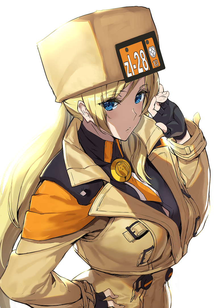 1girl ashiomi_masato black_gloves blonde_hair blue_eyes breasts fingerless_gloves gloves guilty_gear guilty_gear_strive hat jacket large_breasts long_hair long_sleeves looking_at_viewer millia_rage simple_background solo white_background yellow_hat yellow_jacket