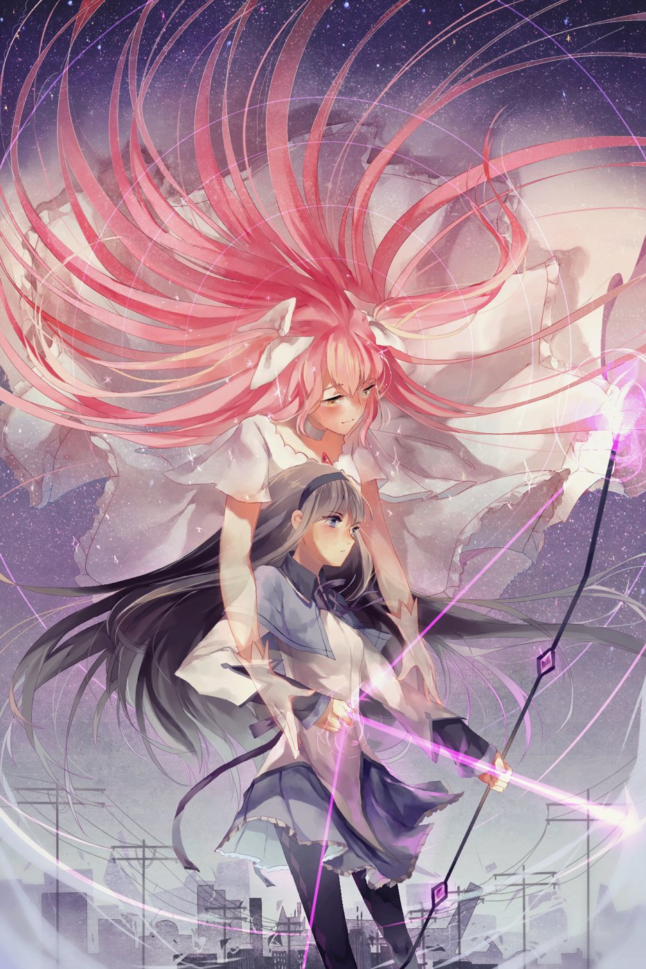 2girls akemi_homura akemi_homura_(magical_girl) argyle_clothes black_pantyhose dress hairband highres kaname_madoka long_hair magical_girl mahou_shoujo_madoka_magica multiple_girls orange_eyes pantyhose pink_hair pixiescout power_lines purple_eyes sky star_(sky) starry_sky twintails ultimate_madoka utility_pole very_long_hair white_dress