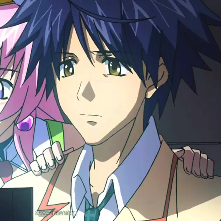 1boy 1girl blue_hair chaos;head closed_mouth earrings jewelry nishijou_takumi school_uniform yellow_eyes