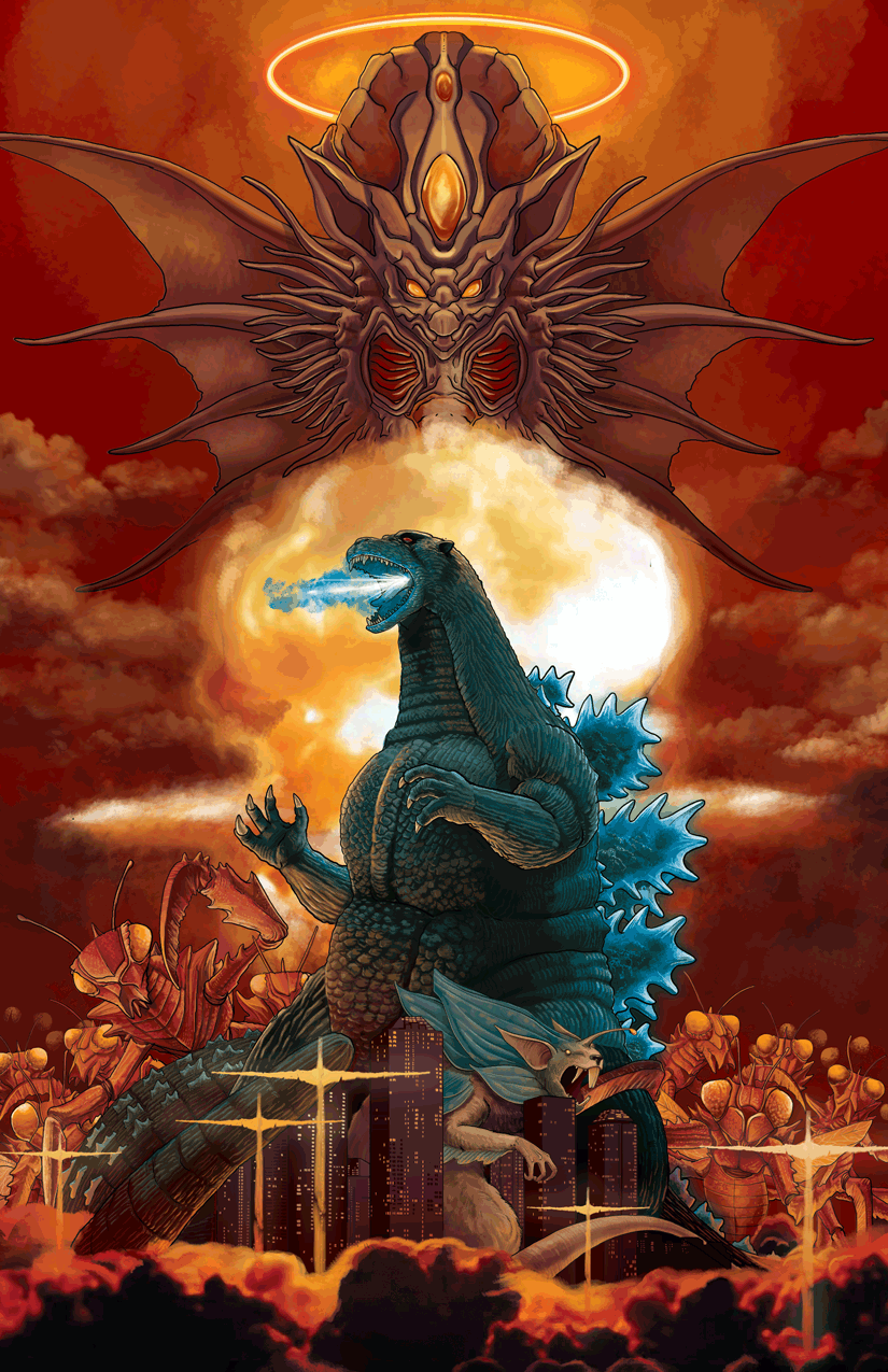 atomic_breath breath_weapon bug city cut_content demon deutalios devil dinosaur dogolas energy energy_beam eric_rose explosion glowing glowing_mouth glowing_spikes godzilla godzilla_(series) godzilla_movie_studio_tour godzilla_vs._biollante halo highres kaiju kamacuras mouse_(animal) mouth_beam mushroom_cloud nuclear_explosion original praying_mantis red_eyes satan_(mythology) sea_monster smoke son_of_godzilla spikes tail toho